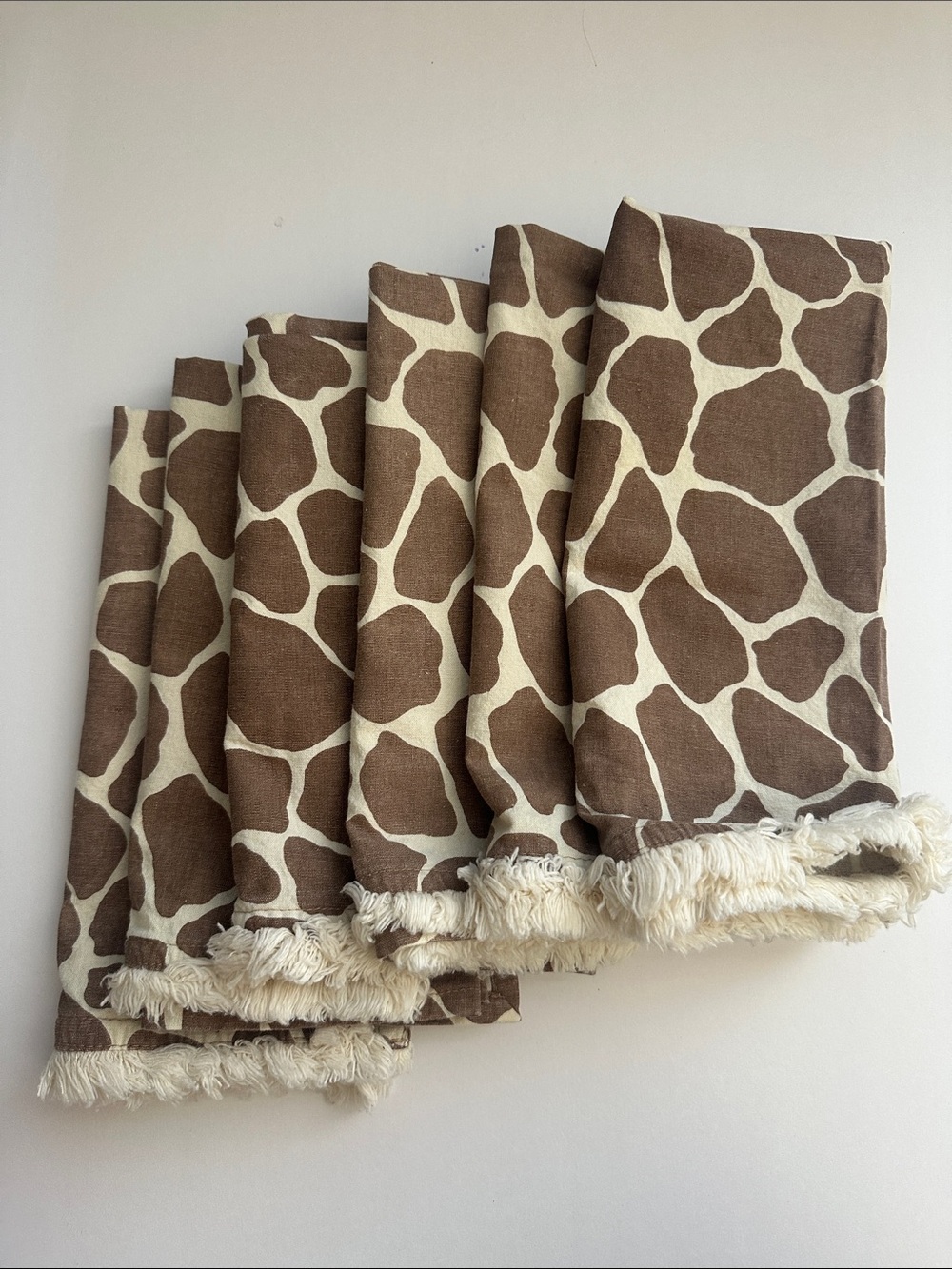Giraffe Print Fringe Cotton Napkins - Brown & Cream set of 6